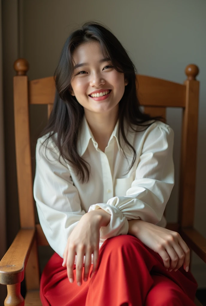 The image features a young womansitting on a chair, full of laughter, wearing a white blouse and a red skirt. She is posing for a portrait, and her expression is focused. The woman is sitting on a wooden chair, which adds a natural and rustic touch to the scene. The overall atmosphere of the picture is calm and intimate, with the woman's attire and the wooden chair creating a warm and inviting ambiance.