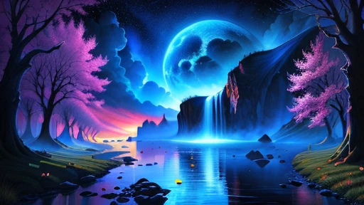 une peinture d&#39;une cascade dans une forêt avec une pleine lune, Illustration de fond, Beau fond d&#39;screen, fond d&#39;screen de haute qualité, magnifique fond, bel art uhd 4k, Beau clair de lune night, fond d&#39;screen 4k, fond d&#39;screen 4k, fond d&#39;screen incroyable, fond d&#39;screen HD, fond d&#39;screen HD, Beautiful backgrounds, Beau clair de lune, 4 k fond d&#39;screen HD very detailed, 8k fond d&#39;screen HD digital art