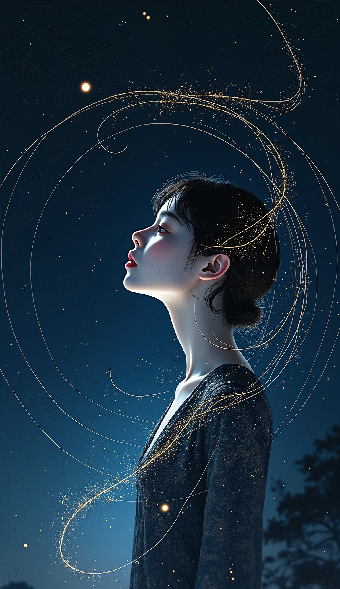 In the night starry sky universe background, Mysterious atmosphere surrounds the mysterious subject of the minimalist artwork of the beautiful girl, a single-lined masterpiece. A quiet figure stands among the complex lines,Shining with starlight, There was a subtle current of magic swirling around her like thin tendrils.. Exudes a mysterious and wonderful atmosphere, She seemed to breathe an otherworldly quality into the air., It's as if her charming temperament awakens the magic in the scene. 8K Ultra HD,masterpiece,Intricate details,Exquisite facial features,Extremely detailed eyes,Dynamic poses,Mizuki_Forest