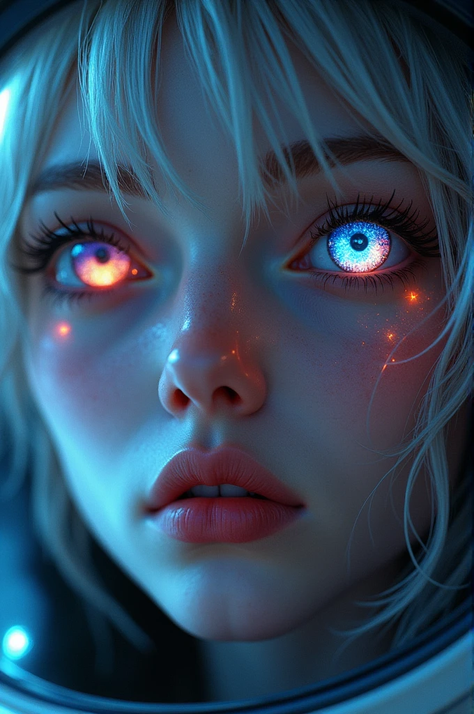 (Close-up of a better masterpiece:1.5)0.9], (Space and astronauts:1.2) (Messy silver hair:1.1) (Heterochromia xanthochromia and blue eyes:1.2) (Space Helmet:1.0) (Colored stars in the eyes:1.0) (A radiant glow:1.1) (thick lips:0.9)