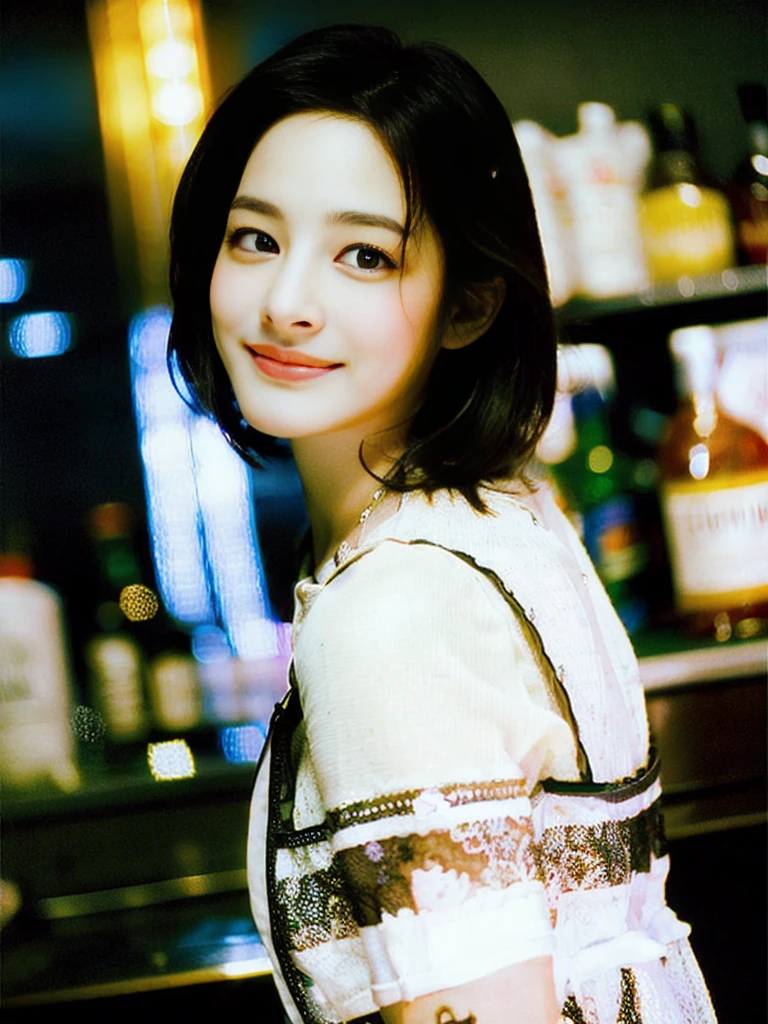 a Close-up portrait of gorgeous smiling cute Japanese woman in a glamorous lacy dress outfit, delicate facial features, porcelain-skinned, ponytail, a fusion of young Marion Cotillard's striking eyes and young Anne Hathaway's introspective gaze, long and slender cute face, curved eyebrows, droopy hooded eyes, lower nasal bridge, slim wavy nose, smiling, thin lips, short pixie cut hair, silhouette, bokeh, lobby bar lounge background, depth of field, photo, film,