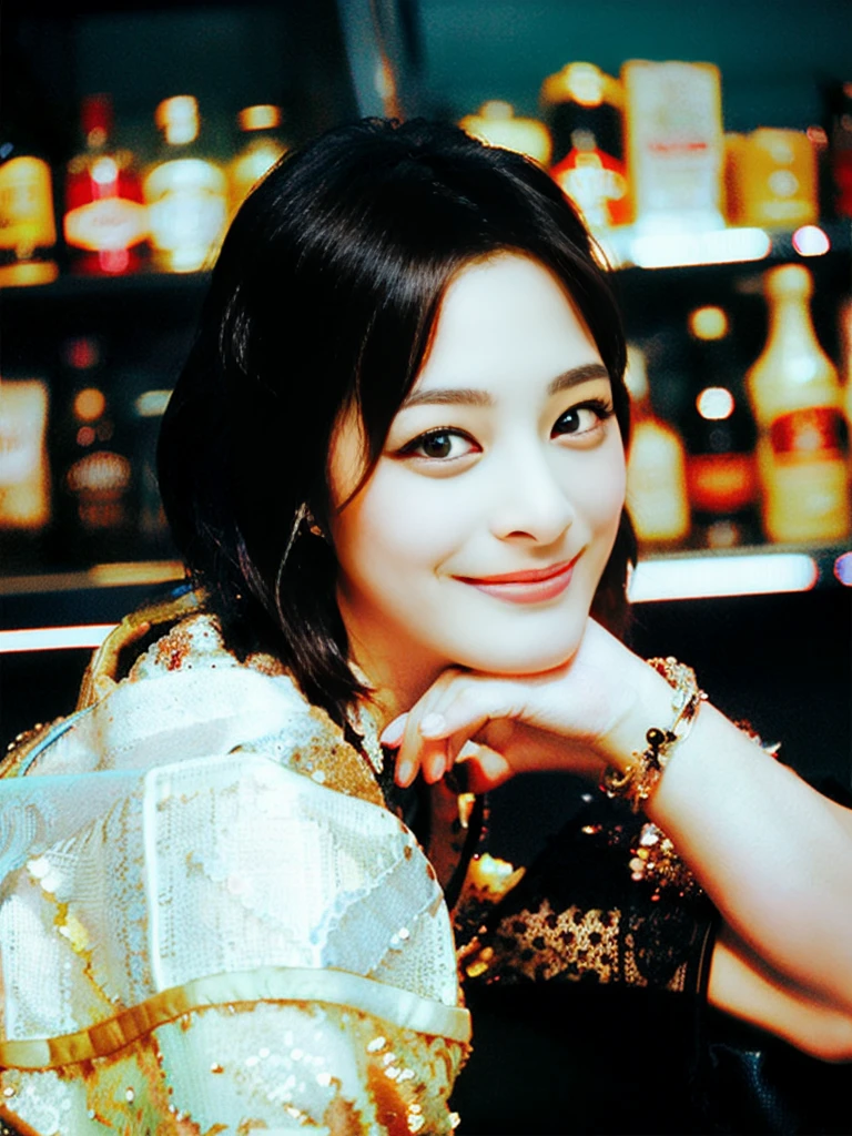 a Close-up portrait of gorgeous smiling cute Japanese woman in a glamorous lacy dress outfit, delicate facial features, porcelain-skinned, ponytail, a fusion of young Marion Cotillard's striking eyes and young Anne Hathaway's introspective gaze, long and slender cute face, curved eyebrows, droopy hooded eyes, lower nasal bridge, slim wavy nose, smiling, thin lips, short pixie cut hair, silhouette, bokeh, lobby bar lounge background, depth of field, photo, film,