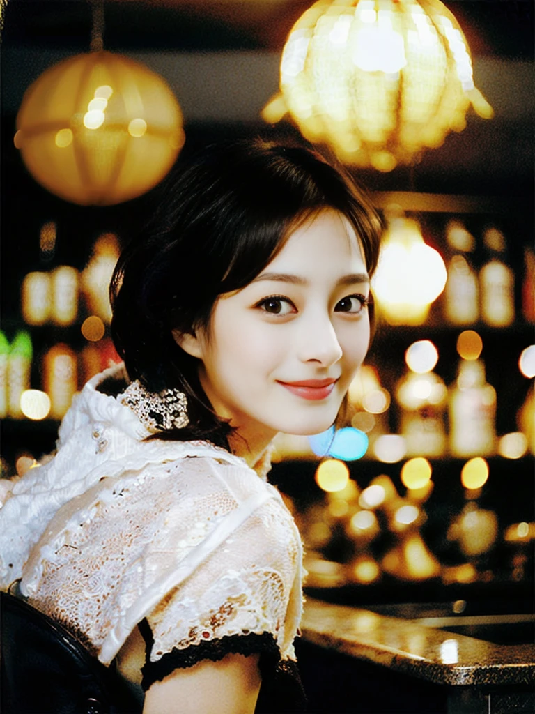 a Close-up portrait of gorgeous smiling cute Japanese woman in a glamorous lacy dress outfit, delicate facial features, porcelain-skinned, ponytail, a fusion of young Marion Cotillard's striking eyes and young Anne Hathaway's introspective gaze, long and slender cute face, curved eyebrows, droopy hooded eyes, lower nasal bridge, slim wavy nose, smiling, thin lips, short pixie cut hair, silhouette, bokeh, lobby bar lounge background,  depth of field, photo, film,