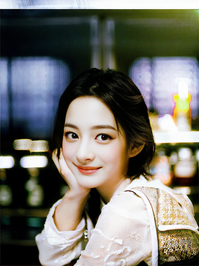 a Close-up portrait of gorgeous smiling cute Japanese woman in a glamorous lacy dress outfit, delicate facial features, porcelain-skinned, ponytail, a fusion of young Marion Cotillard's striking eyes and young Anne Hathaway's introspective gaze, long and slender cute face, curved eyebrows, droopy hooded eyes, lower nasal bridge, slim wavy nose, smiling, thin lips, short pixie cut hair, silhouette, bokeh, lobby bar lounge background, depth of field, photo, film,