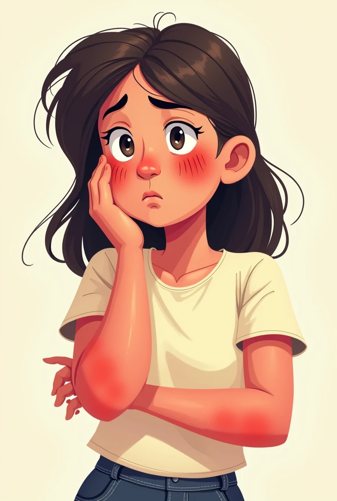 I am looking for an illustration for a student with an allergy on her arms and who is itchy and has a sad drawing style: Modern and vector, with smooth, clean lines, and vibrant colors. Cartoonish but realistic. Color: Using a palette of bright and contrasting colors that are pleasant and eye-catching. FORMAT: Illustrations arranged in a book or manual style. This illustration is intended for a guidance and training manual, so it must be clear, accessible and visually appealing."