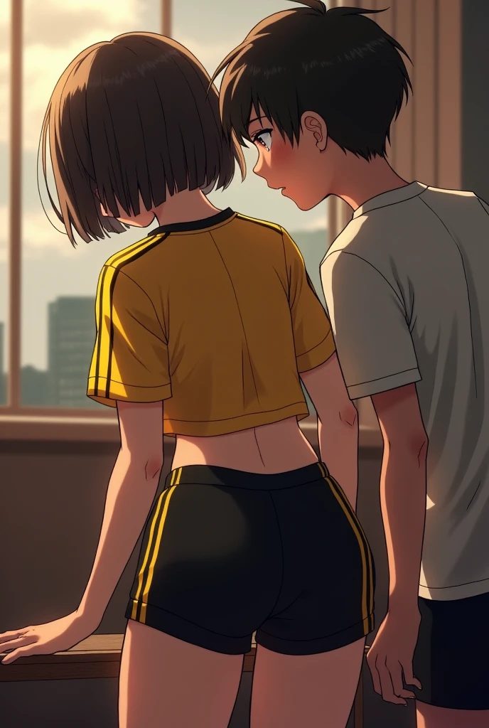 Generates an image of a girl with short hair and a yellow shirt with black stripes on the short sleeves of the uniform with black physical education shorts and bends down and looks very sexy from behind seen from behind with her black shorts made of synthetic material with yellow stripes on the sides, big ass seen from behind picking up a book looking down with her head forward and a boy looks at her sexily from behind watching her picking up her books and the boy squeezes her buttock and the girl looks at him blushing