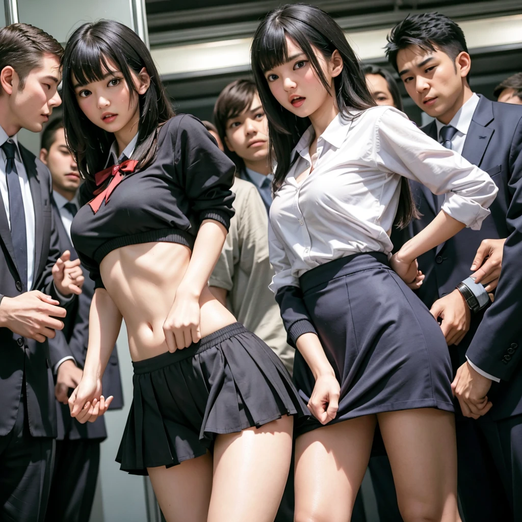 Beautiful innocent high school girl surrounded by excited high school boys, A beautiful girl with a baby face like an idol, Clothing is disturbed, A high school boy strips off his uniform and reveals his underwear, A high school boy grabs my breasts from behind, My butt is touched by a high school boy, Anatomically correct, Molested by a group of high school boys on the train, Staring at the audience, Beautiful wavy black medium bob hair, She screams with her mouth open in shame at being seen in her underwear in public, blush, Body flushed red, Wet with sweat, Increased sensitivity, Tears overflow from your beautiful eyes, Ultra high definition, Slender body, Can be smelled from close range, Japanese, Cowboy Shot, Relaxation and turning your legs inwards