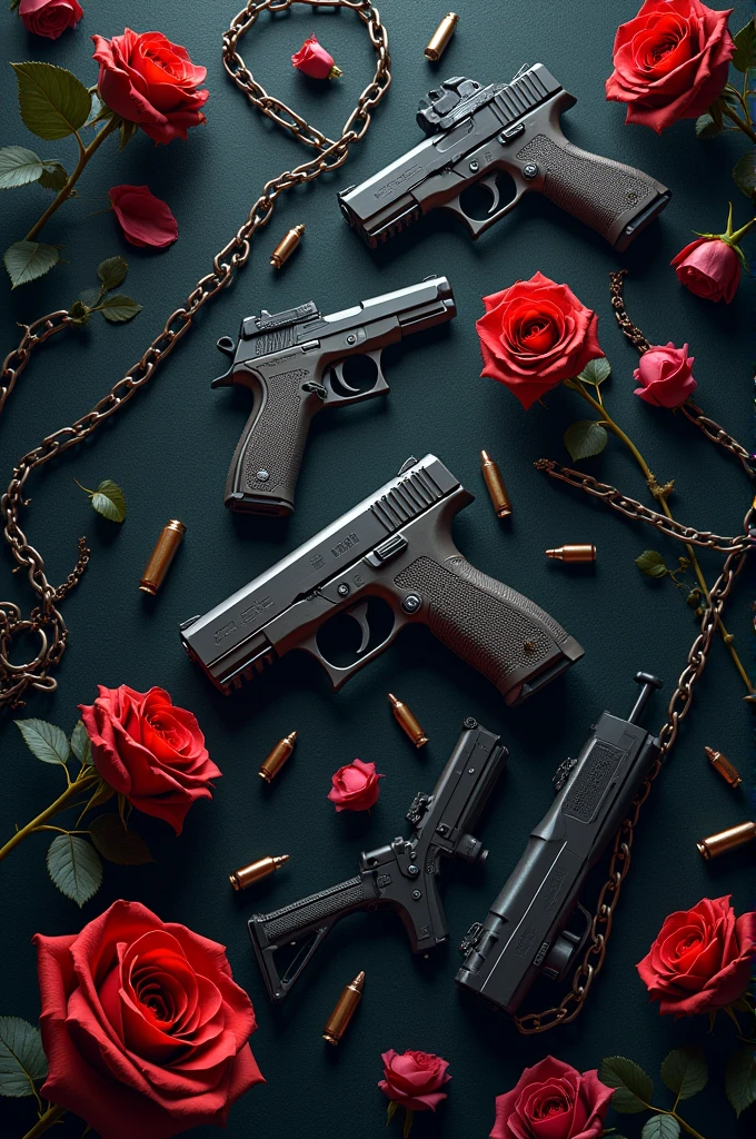 An image the size of 7:4 where there is a dark background but there are chains everywhere and roses with petals and that includes guns and bullets