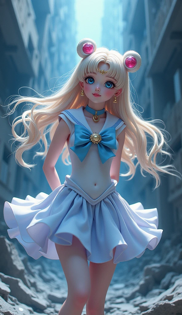 (absurdities, high resolution, ultra detailed, HdR), masterpiece, Best Quality, pastel colours, Light colors, Toei Animation,  (senshi sailor luna:1.4) , Pretty Guardian Sailor Moon character hands on her back and holding her hair and on the side there is a brooch, detailed character with detailed face, large eyes, ,(Tokyo cyberpunk ruined dungeon ruins background :1.4 ), (sailor moon Luna :1.4), (sailor moon Luna V2.1), (dynamic pose), More detailed 8K.unreal engine:1.4,UHD,La Best Quality:1.4, photorealistic:1.4, skin texture:1.4, masterpiece:1.8,first work, Best Quality,object object], (detailed face features:1.3),(The correct proportions),(Beautiful blue eyes:1.4 ),  (cowboy pose),( face detailed:1.4), high quality, (RAW photo, best quality), (realistic, photorealistic: 1.4), (extremely delicate and beautiful: 1.4), amazing, fine details, masterpiece, ultra detailed, high resolution, best illustration, best shadow, intricate, ( extremely intricate: 1.2), (exquisitely detailed skin), cinematic light, perfect anatomy, (cool color: 1.4), sharp focus, 8k UHD, DSLR, (Fujifilm XT3),(skirt lifted by itself: 1.1), (skirt lift: 1.3), (showing white panties: 1.4 ), (sailor moon Luna :1.4), (mostrando panties estampado de niños :1.4) 