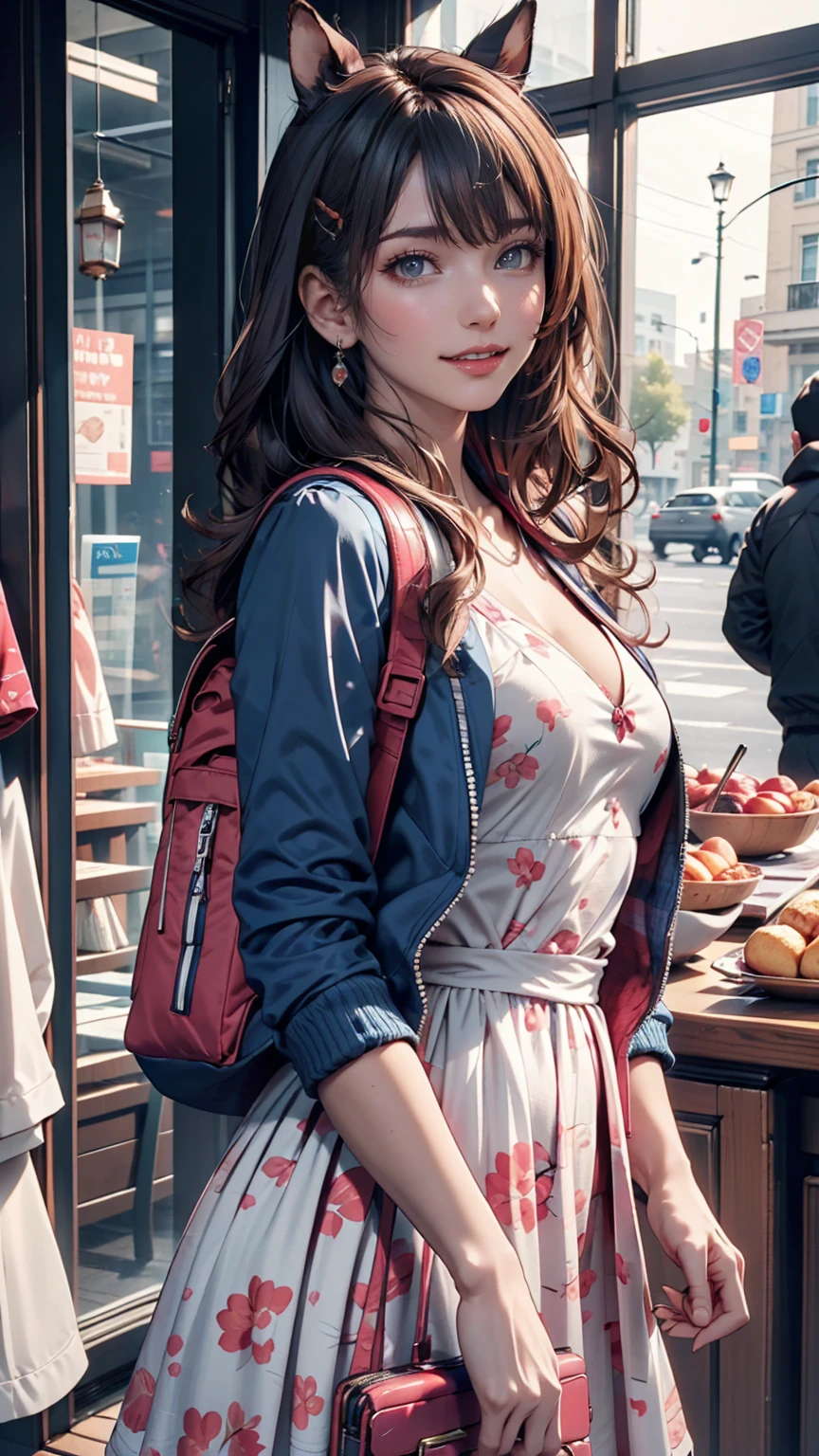 special_Week_(umamusume), fudangi, Hair Clip, Blue jacket, Open jacket, Printed dress, Pink Dress, Window Shopping, Small breasts, High resolution, Upper Body, smile, White backpack, alone, Beastly
