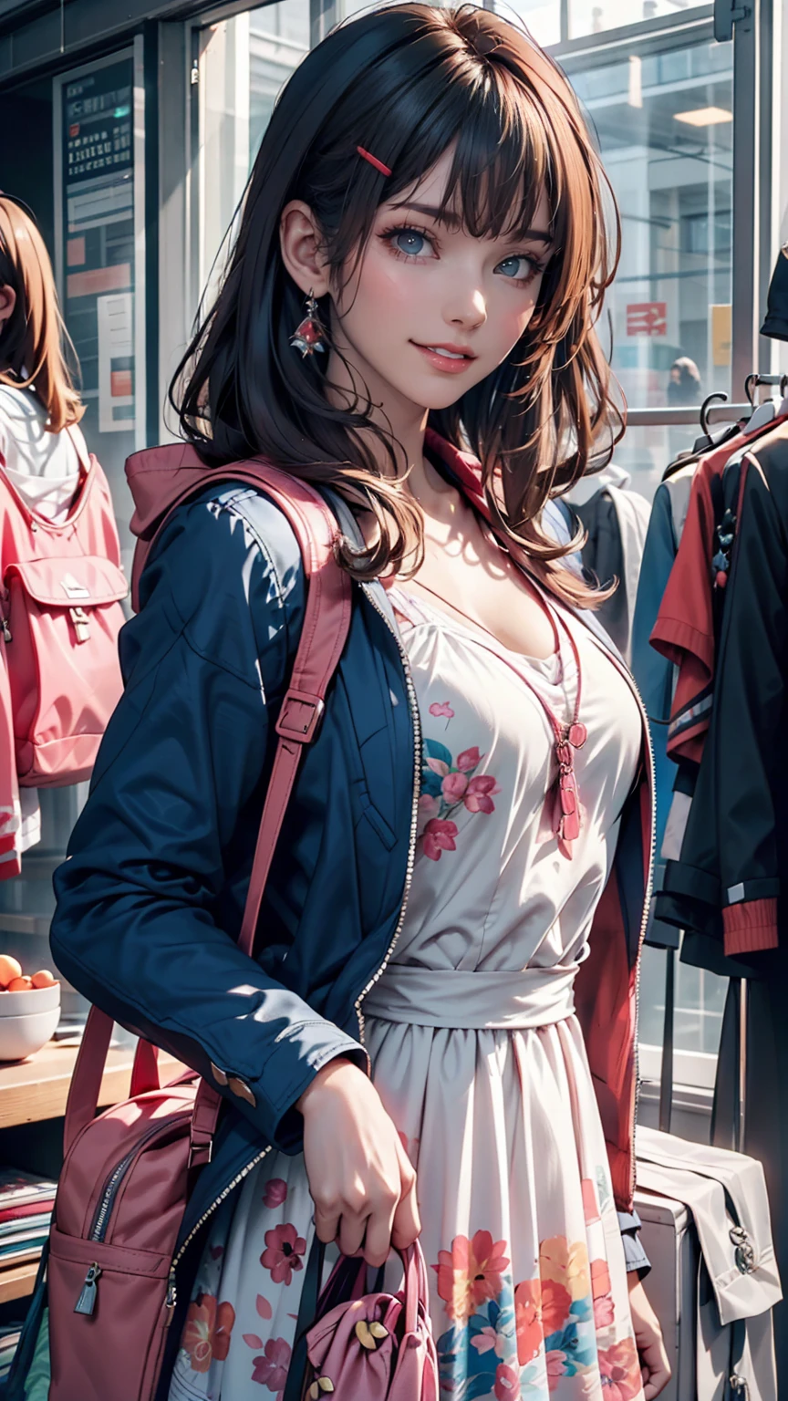 special_Week_(umamusume), fudangi, Hair Clip, Blue jacket, Open jacket, Printed dress, Pink Dress, Window Shopping, Small breasts, High resolution, Upper Body, smile, White backpack, alone, Beastly
