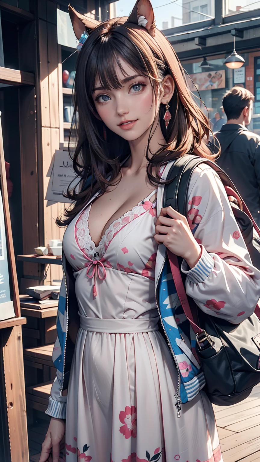 special_Week_(umamusume), fudangi, Hair Clip, Blue jacket, Open jacket, Printed dress, Pink Dress, Window Shopping, Small breasts, High resolution, Upper Body, smile, White backpack, alone, Beastly