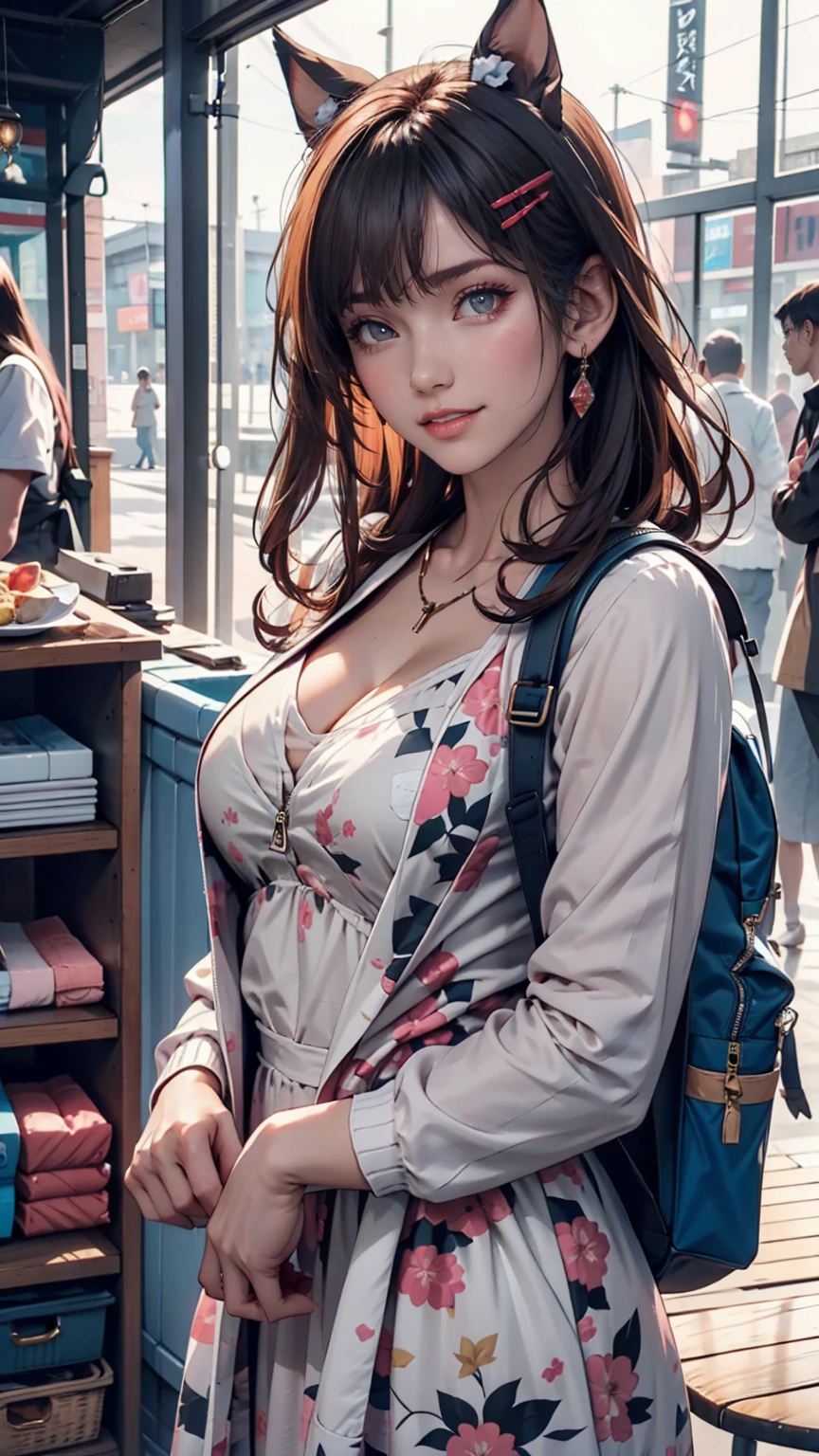 special_Week_(umamusume), fudangi, Hair Clip, Blue jacket, Open jacket, Printed dress, Pink Dress, Window Shopping, Small breasts, High resolution, Upper Body, smile, White backpack, alone, Beastly