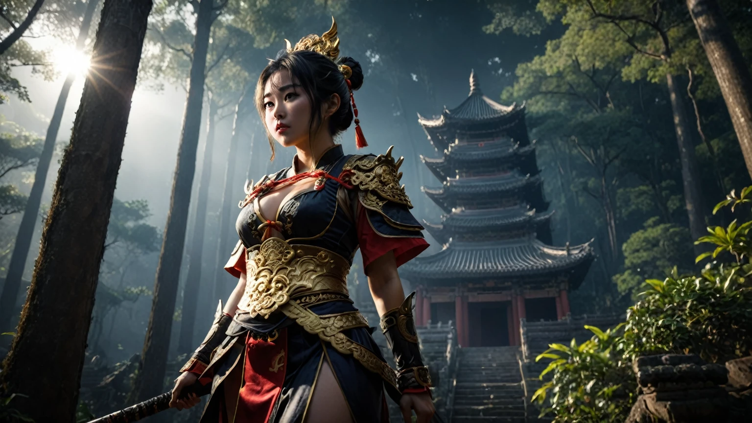 An ancient Chinese temple ruin in a forest, inspired by the game Black Myth Wu Kong, (low angle view), at dark night. (1girl, solo, alone), female Sun Wu Kong cosplayer, medium-breast slim:0.6 body, oval:0.4 face, cleavage:1.1, WU KONG's costume and outfits, GOLDEN CUDGEL, HOLDING WEAPON, (slightly leaning forward running pose), half-body thigh level medium shot, cinematic lighting, ray tracing.