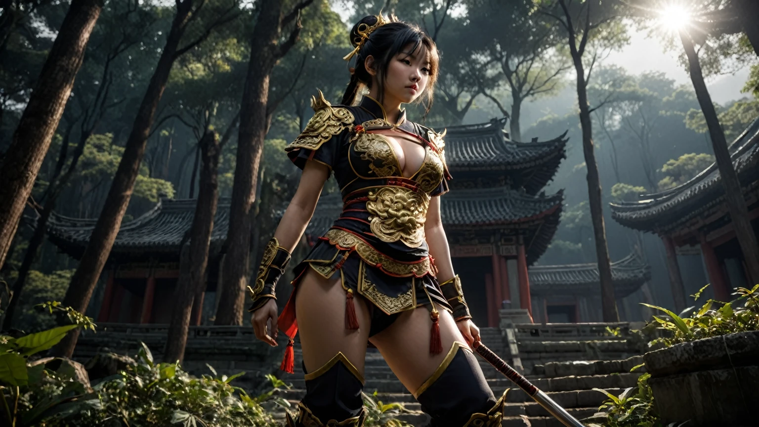 An ancient Chinese temple ruin in a forest, inspired by the game Black Myth Wu Kong, (low angle view), at dark night. (1girl, solo, alone), female Sun Wu Kong cosplayer, medium-breast slim:0.6 body, oval:0.4 face, cleavage:1.1, WU KONG's costume and outfits, GOLDEN CUDGEL, HOLDING WEAPON, (slightly leaning forward running pose), half-body thigh level medium shot, cinematic lighting, ray tracing.