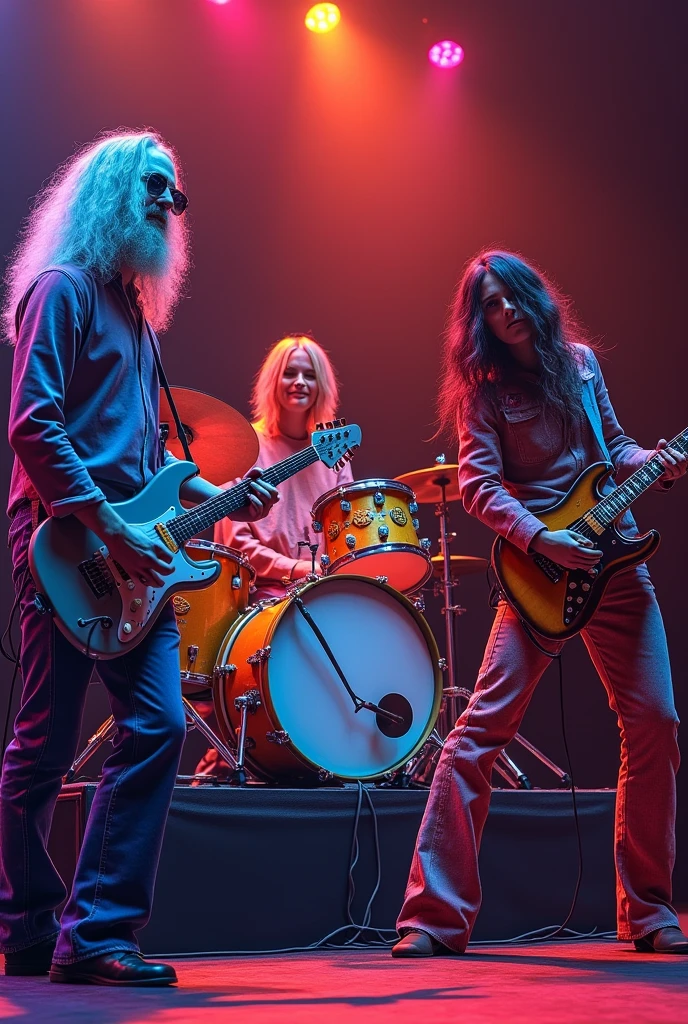 Rock band on stage , Each member with a respective color, the battery with more additions and on platform