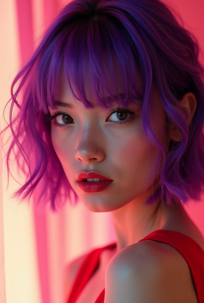 portrait of a woman with vibrant purple hair, in the style of Andy Warhol and Richard Avedon, combining pop art's bold colors and graphic lines with high-contrast, minimalist photography, the woman's face sharply detailed, with a striking gaze, set against a bright, contrasting background, photo-realistic, cinematic lighting