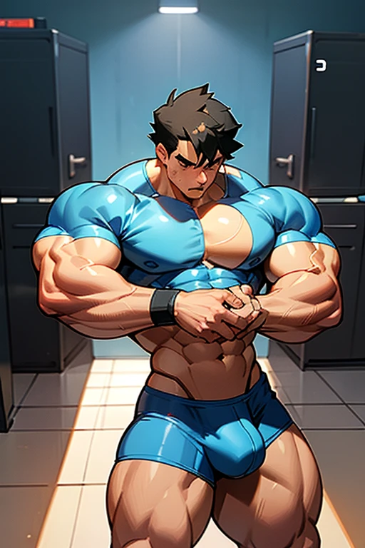 Ash Ketchum from Pokémon anime as a big dumb muscular bodybuilder jock in a locker room flexing and staring blankly under hypnosis with his mouth hanging open as he repeats, "Bigger... Dumber.... Must obey.... More like a jock bro every day.... Yes, Coach. I obey. Huhuhuhuh...." in a deep mindless emotionless voice with his fellow hypnotized jocks to forget about Pokémon training and focus instead on training his own body and obeying his coach. Hyper swollen bulging crotch. Hyper muscles. Toned muscles. 5% body fat. Big biceps. Big triceps. Broad shoulders. Big traps. Big lats. Big meaty pecs. Massive deltoids. Six-pack abs. Spherical glutes. Brainwashing. Hypnosis. Hypnotized. Bro. IQ drain. Dumber and dumber. Meathead. Musclehead. Mindless. Hypno. Mind control. Brain drain. Entranced.