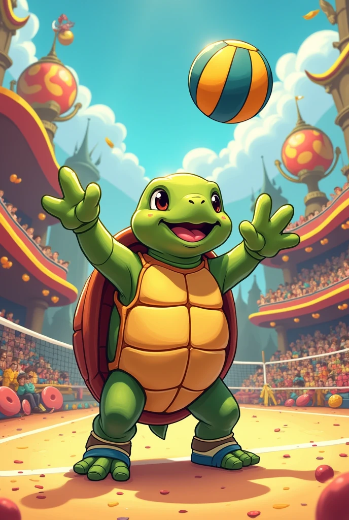 A happy land tortoise playing indoor volleyball cartoon 
