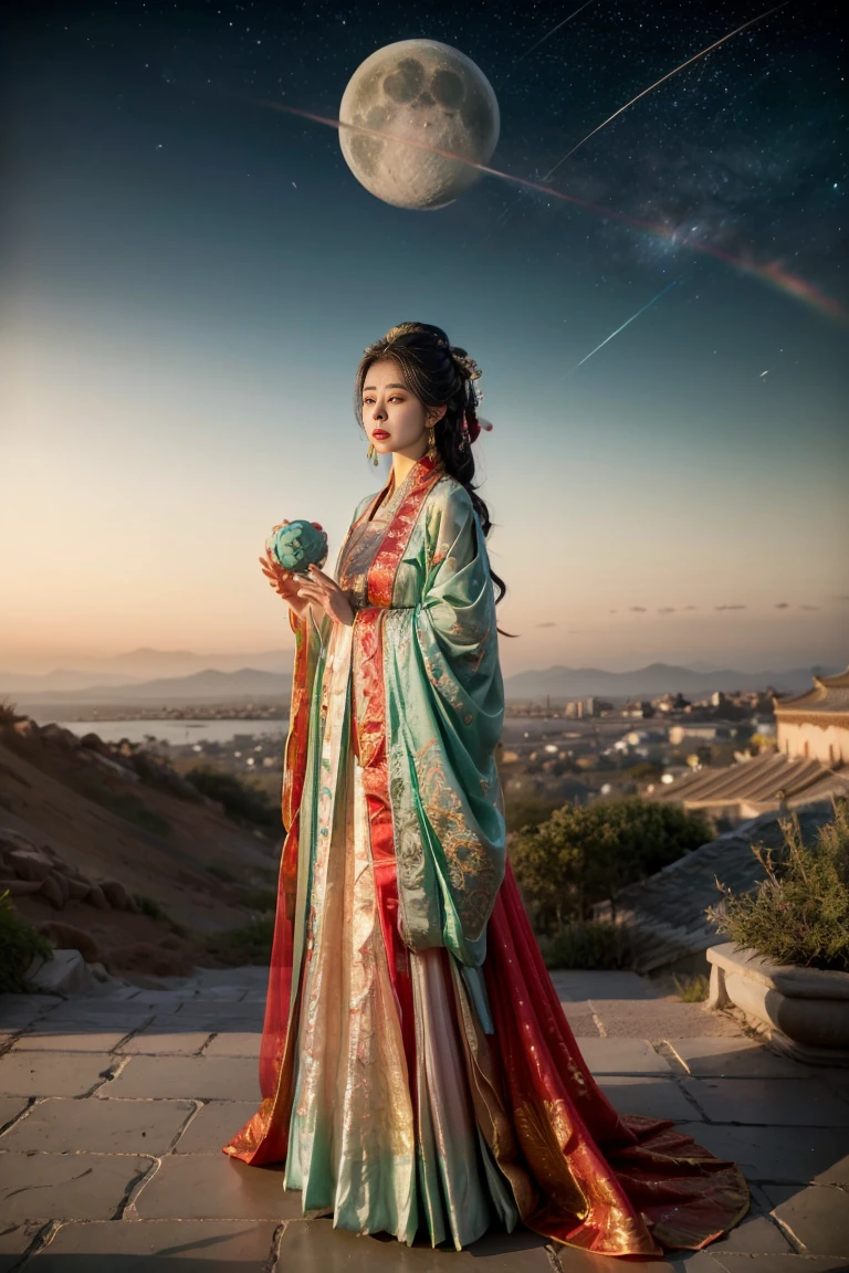 Three-dimensional ancient style, vivid Chinese aesthetics, elegant ancient Chinese fairy, Chang'e holding a mooncake, moon rabbit, starry sky, osmanthus tree, woman in luxurious seven-color rainbow Hanfu on a cliff gazing at the stars, stunning facial features, (full body:1.4), vibrant colors, sparkling attire with glittering stone patterns, shoes of semi-transparent crystal, seven-color gradient fluorescent ribbons, exquisite, light wave, traditional, delicate, perfect composition, ultra HD, crescent earrings, raised eyebrows, phoenix ornament, forehead gemstone, National style, Acrylic, Immortal aura, Mint green tones, Normal perspective, Trend on Artstation