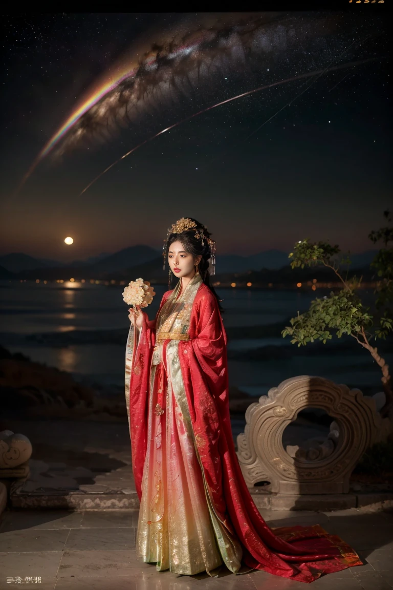 Three-dimensional ancient style, vivid Chinese aesthetics, elegant ancient Chinese fairy, Chang'e holding a mooncake, moon rabbit, starry sky, osmanthus tree, woman in luxurious seven-color rainbow Hanfu on a cliff gazing at the stars, stunning facial features, (full body:1.4), vibrant colors, sparkling attire with glittering stone patterns, shoes of semi-transparent crystal, seven-color gradient fluorescent ribbons, exquisite, light wave, traditional, delicate, perfect composition, ultra HD, crescent earrings, raised eyebrows, phoenix ornament, forehead gemstone, National style, Acrylic, Immortal aura, Mint green tones, Normal perspective, Trend on Artstation