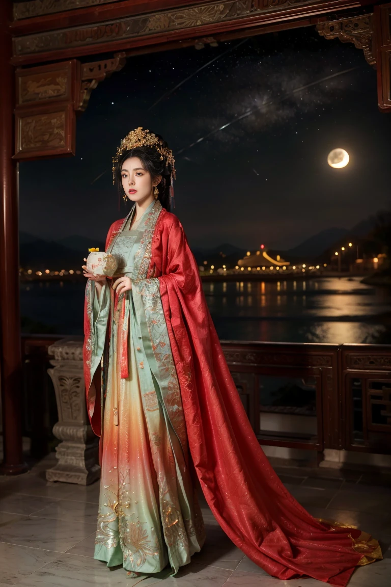 Three-dimensional ancient style, vivid Chinese aesthetics, elegant ancient Chinese fairy, Chang'e holding a mooncake, moon rabbit, starry sky, osmanthus tree, woman in luxurious seven-color rainbow Hanfu on a cliff gazing at the stars, stunning facial features, (full body:1.4), vibrant colors, sparkling attire with glittering stone patterns, shoes of semi-transparent crystal, seven-color gradient fluorescent ribbons, exquisite, light wave, traditional, delicate, perfect composition, ultra HD, crescent earrings, raised eyebrows, phoenix ornament, forehead gemstone, National style, Acrylic, Immortal aura, Mint green tones, Normal perspective, Trend on Artstation