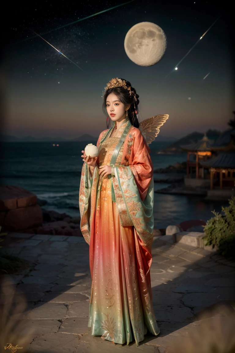 Three-dimensional ancient style, vivid Chinese aesthetics, elegant ancient Chinese fairy, Chang'e holding a mooncake, moon rabbit, starry sky, osmanthus tree, woman in luxurious seven-color rainbow Hanfu on a cliff gazing at the stars, stunning facial features, (full body:1.4), vibrant colors, sparkling attire with glittering stone patterns, shoes of semi-transparent crystal, seven-color gradient fluorescent ribbons, exquisite, light wave, traditional, delicate, perfect composition, ultra HD, crescent earrings, raised eyebrows, phoenix ornament, forehead gemstone, National style, Acrylic, Immortal aura, Mint green tones, Normal perspective, Trend on Artstation