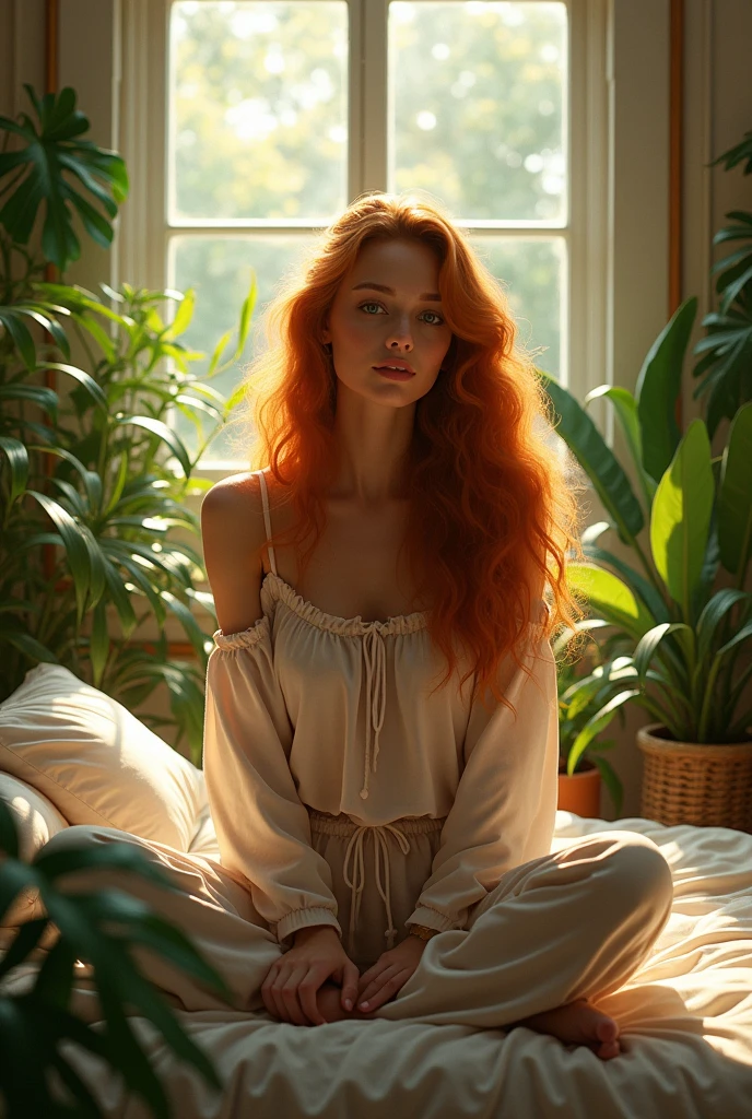 (photorealism:1.2), beautiful woman, sitting on bed, wearing loose off-shoulder top, pajama pants, long curly ginger hair, indoors, soft lighting, lots of plants in background, window with sunlight, cozy room, relaxed pose, realistic, intricate details, warm colors, by Greg Rutkowski, by Alphonse Mucha