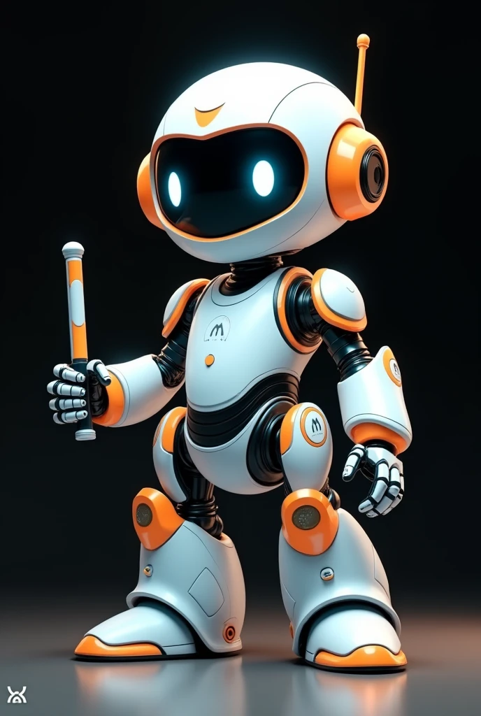 A friendly, cute illustrated robot character with a 2.5 head scale, white and blue color scheme, and orange accents. Standing in front of a black background with a baton in one hand and a welcome gesture in the other, highly detailed, realistic, 8K, award-winning illustrations, concept art, beautiful lighting, soft shadows, shimmering metal surfaces, warm tones, dynamic poses, inviting expression, complex mechanical design, cinematic perspective, a seamless integration of technology and organic forms