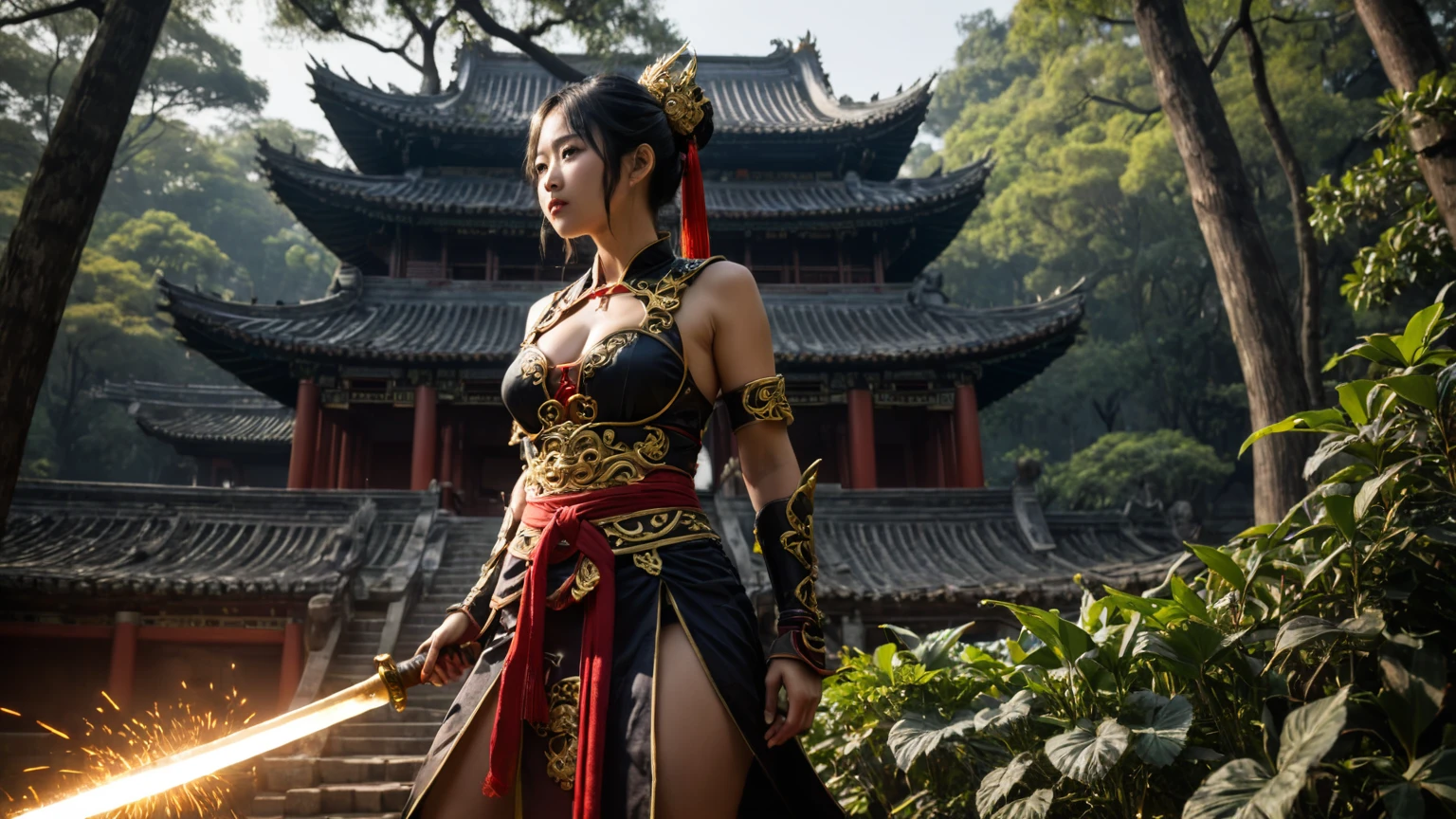 An ancient Chinese temple ruin in a forest, inspired by the game Black Myth Wu Kong, (low angle view), at dark night. (1girl, solo, alone), female Sun Wu Kong cosplayer, medium-breast slim:0.6 body, oval:0.4 face, cleavage:1.1, WU KONG's costume and outfits, GOLDEN CUDGEL, HOLDING WEAPON, (slightly leaning forward running pose), half-body thigh level medium shot, cinematic lighting, ray tracing.