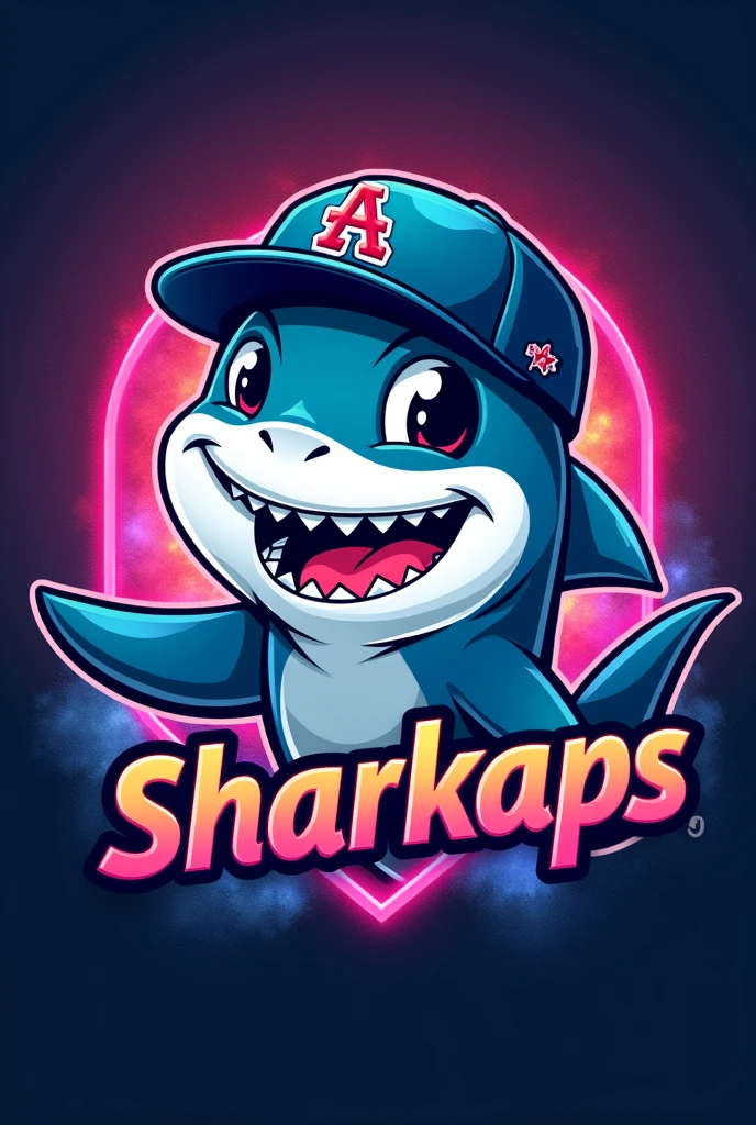 Gaming style logo of a happy shark with a New Era cap, say sharkaps