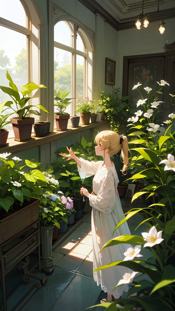 high resolution、ponytail、Blonde Perm、Scattering small flowers in your hair、White lace elegant clothes Houseplant room、
Surrounded by flowers and greenery。Drinking iced coffee in the room