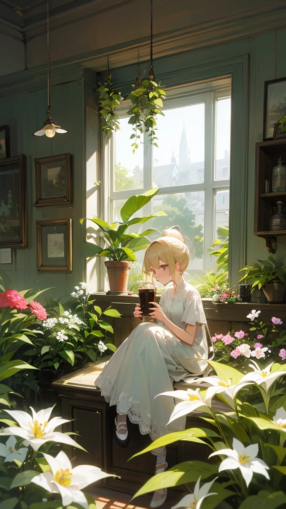 high resolution、ponytail、Blonde Perm、Scattering small flowers in your hair、White lace elegant clothes Houseplant room、
Surrounded by flowers and greenery。Drinking iced coffee in the room