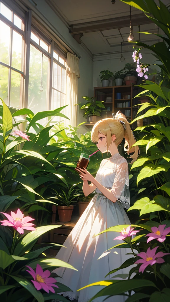 high resolution、ponytail、Blonde Perm、Scattering small flowers in your hair、White lace elegant clothes Houseplant room、
Surrounded by flowers and greenery。Drinking iced coffee in the room