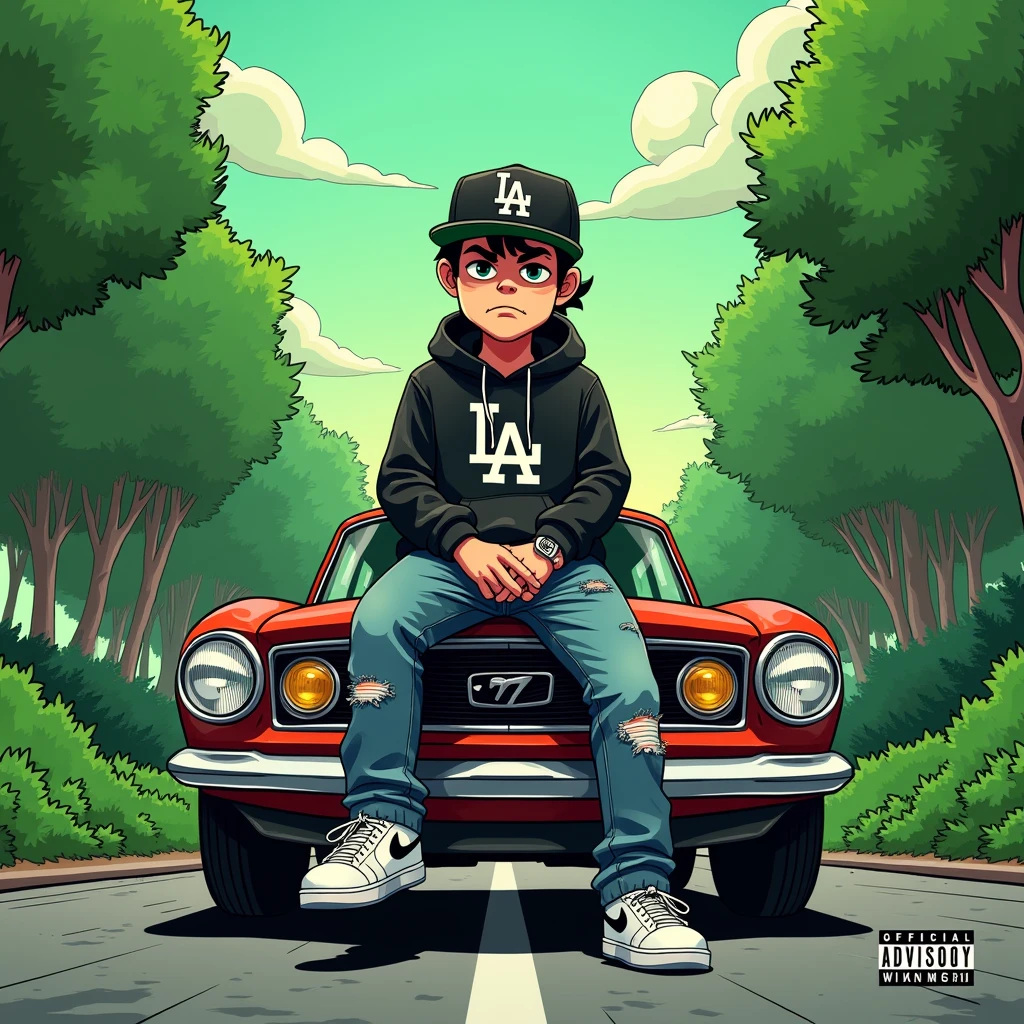 Image of a man sitting on the bonnet of a car, Yoshihiko Wada's album cover, winner of the behance contest, Doodle, official artwork, rap album cover, hip - hop album art cover, colored album art, hip hop music album cover, rap album cover art, official fanart, GTA Cover, hip hop album cover, album art cover, cartoon, The Disgruntled Boy, Running car, Green background, green tea, Deep pressed black LA ball cap, white nike shoes, Black LA Hoodie, Jeans worn down