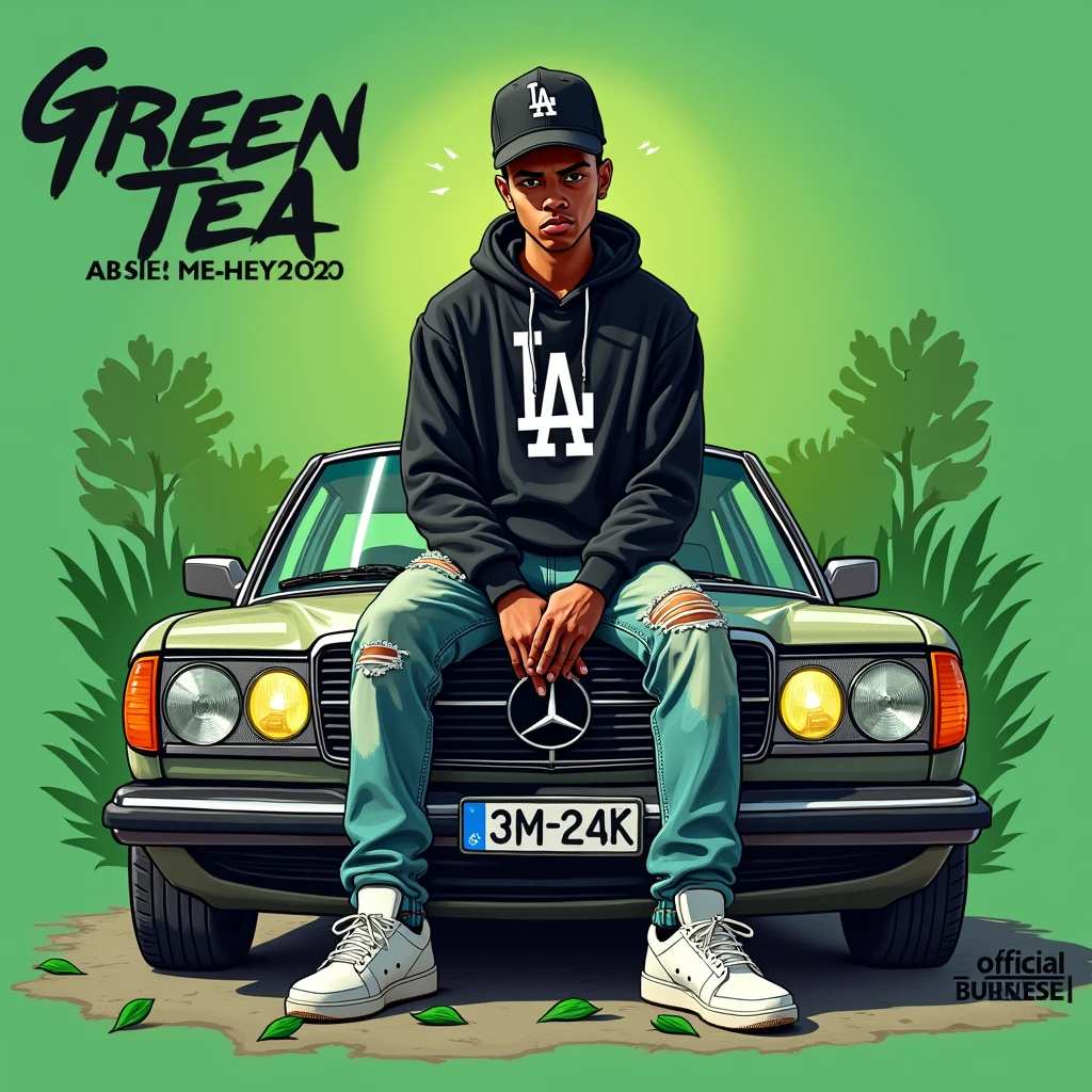Image of a man sitting on the bonnet of a car, Yoshihiko Wada&#39;s album cover, winner of the behance contest, Doodle, official artwork, rap album cover, hip - hop album art cover, colored album art, hip hop music album cover, rap album cover art, official fanart, GTA Cover, hip hop album cover, album art cover, cartoon, The Disgruntled Boy, Running car, Green background, green tea, Deep pressed black LA ball cap, white nike shoes, Black LA Hoodie, Jeans worn down