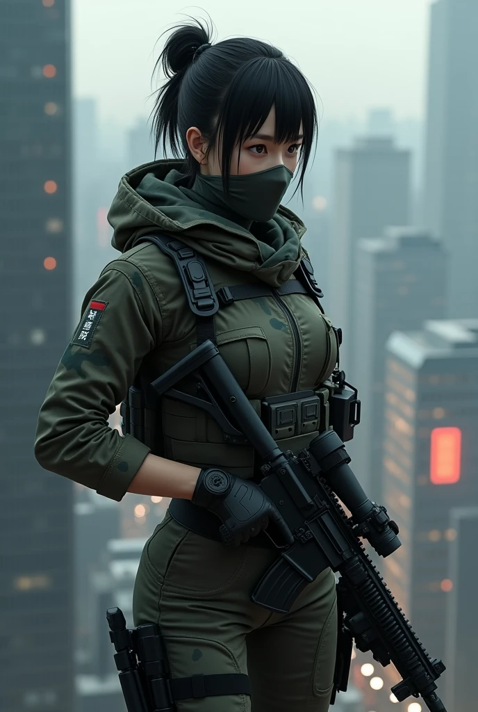 Japanese female sniper wearing a cloth mask standing on the roof of a high-rise building. Taking off her mask.