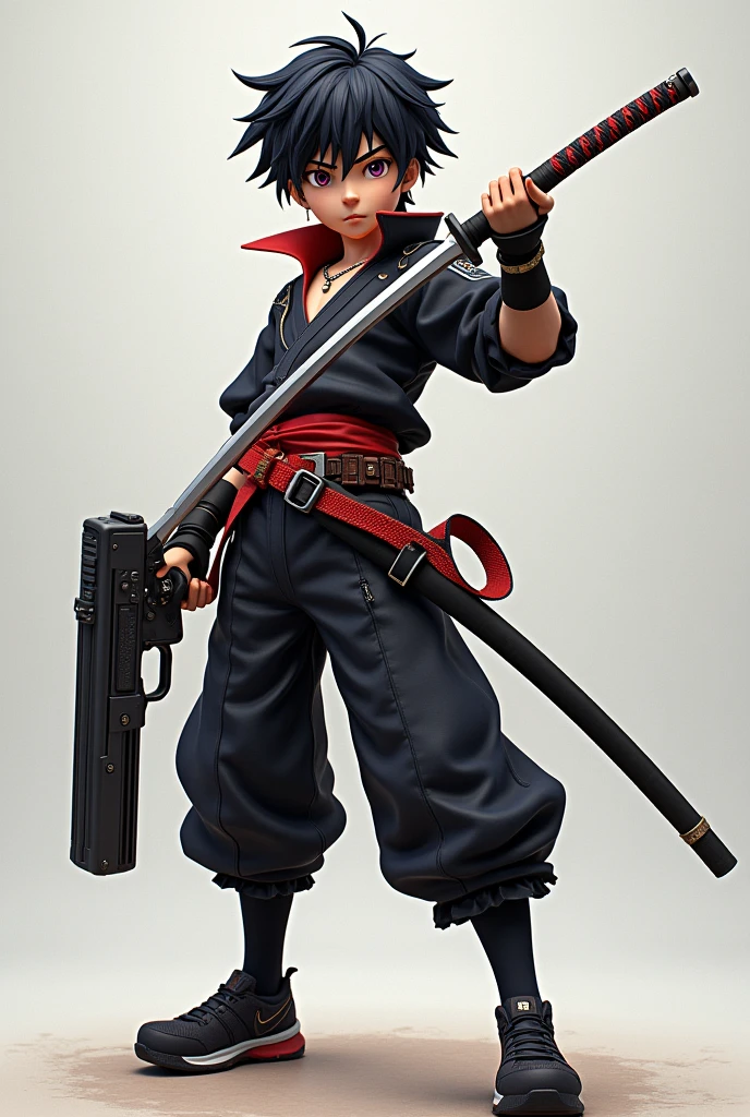 3d anime boy with a katana in his left hand and a gun in his right hand