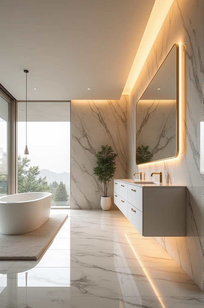 large full bathroom, with soft lights, marble walls, mirror with lighting, minimalist style and a vanity area