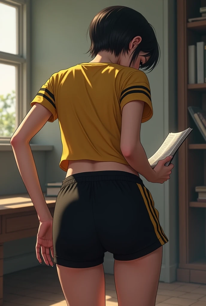 Generates an image of a girl with short hair and a yellow shirt with black stripes on the short sleeves of the uniform with black physical education shorts and bends down and looks very sexy from behind seen from behind with her black shorts made of synthetic material with yellow stripes on the sides, big ass seen from behind picking up a book looking down with her head forward and a boy looks at her sexily from behind watching her picking up her books and the boy squeezes her buttock and the girl gets excited and looks at him blushing