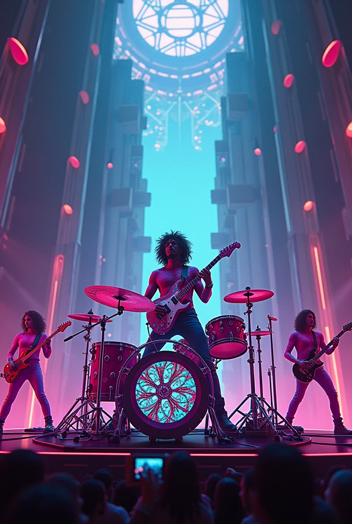 Rock band on a very big stage , Each member with a respective color, the battery with more additions and on platform