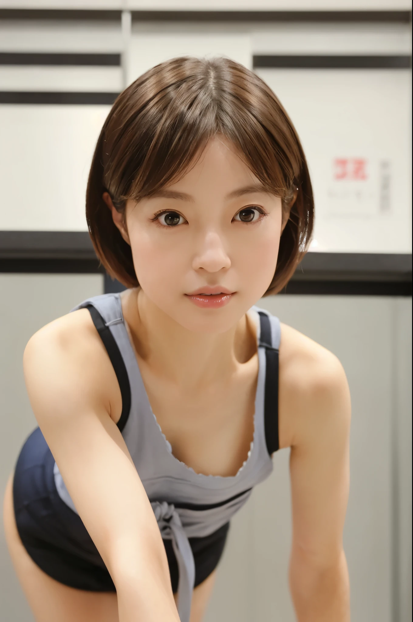 Masterpiece, photogravure, highest quality, clear contours, (One Girl, alone), Japanese woman, 30 years old, lipstick, cute face, detailed face, beautiful eyes, detailed eyes, focus on the eyes, bob hair, Anatomically correct body structure, wearing body-fitting costumes, getting on all fours, lifting butts, shot from the front