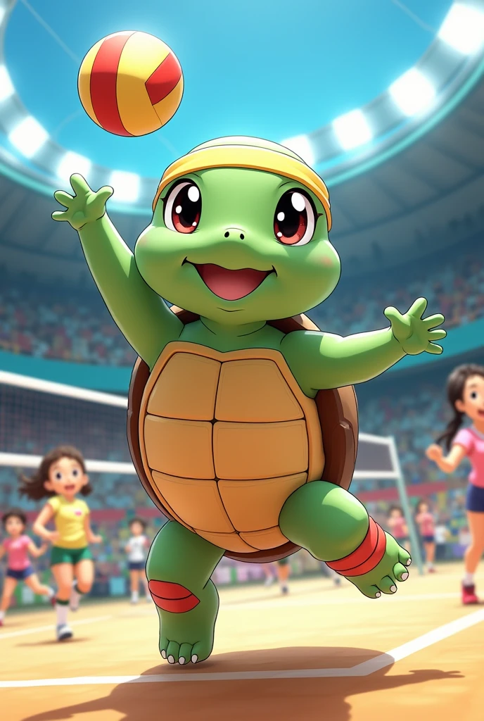 A happy land turtle playing anime indoor volleyball