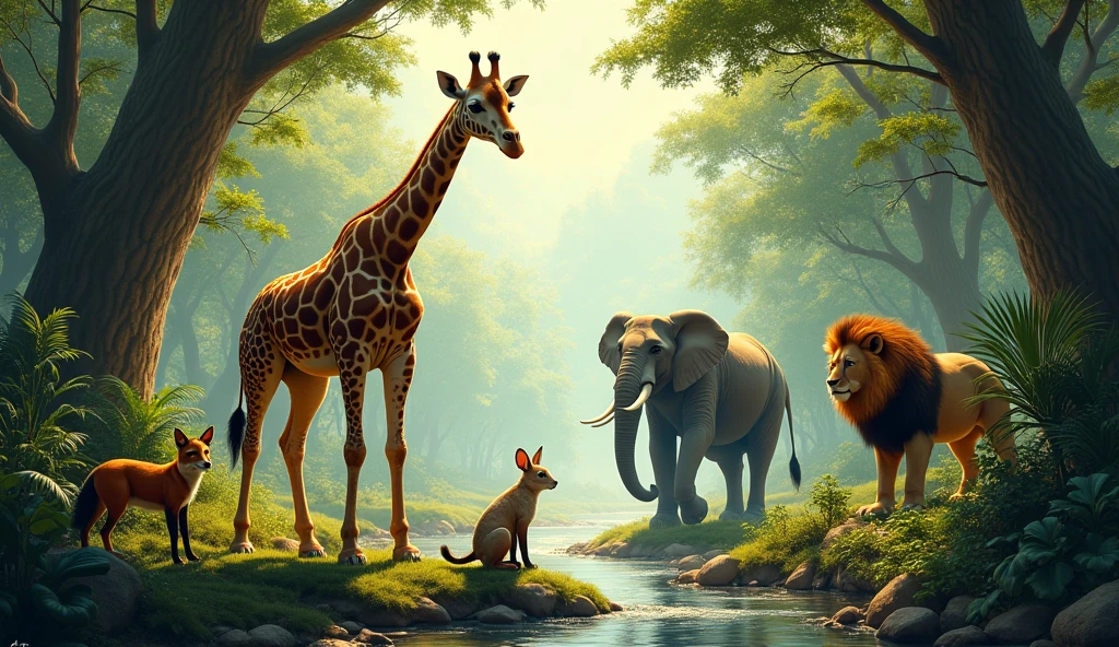 (photorealism:1.2), beautiful nature forest, giraffe, fox, elephant, rabbit, lion, river, beautiful view