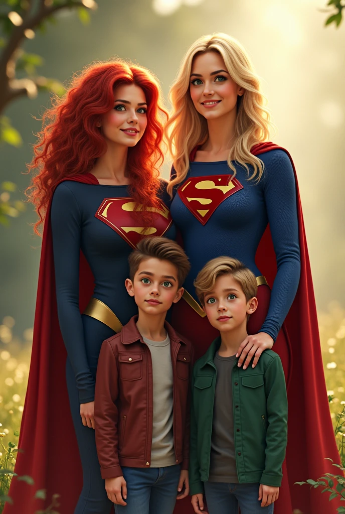 Create the image of Kara Zor El, the super girl, next to her wife Akai, a woman with curly red hair and green eyes, and her twin sons, who are a mix of the two in appearance, they are two boys. Put wife Akai in the photo. It is a family photo. 