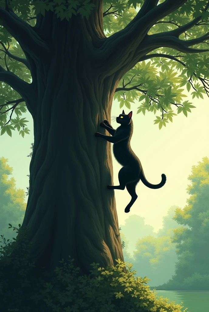 Cat climbing a tall tree
