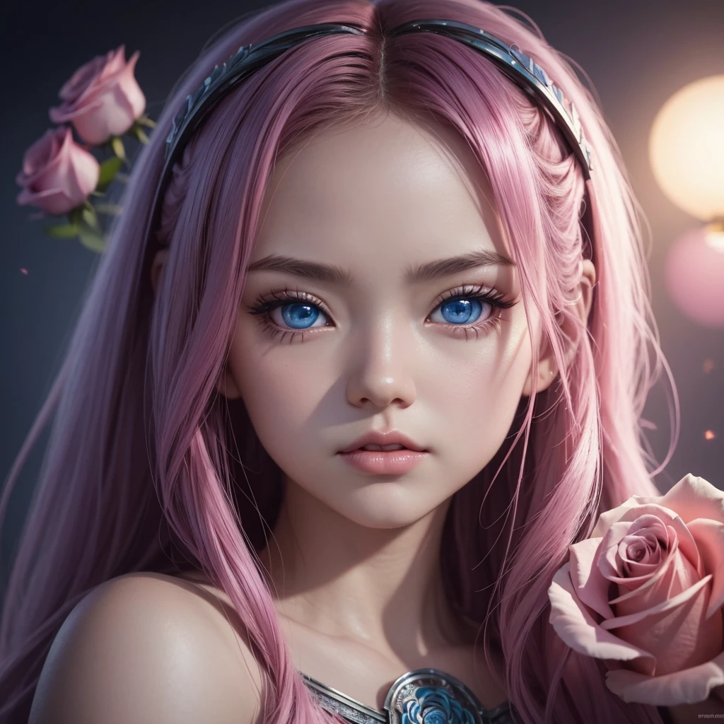 cinematic film another beautiful little doll, pink long hair, big blue eyes, scarlet lips, with dreamy eyes, three-dimensional light, hyperrealistic, complex detail, illustration, drawing, Watercolor, kawaii chibi, big pink roses, ooh!, shallow depth of field, pastel color palette, soft lighting, minimalistic, Modern, Digital drawing, Art by Lois van Baarl, Ross Tran and Artgerm, trending on artstation hq, very detailed. shallow depth of field, vignette, very detailed, high budget, bokeh, synescope, moody, epic, gorgeous, grainy,