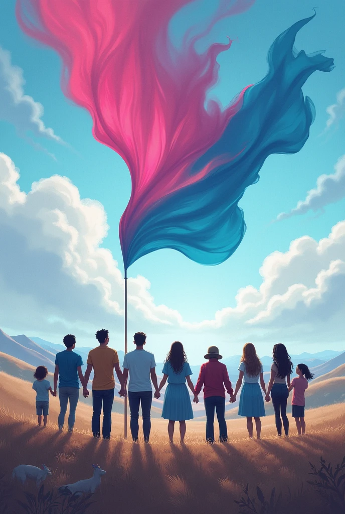 A landscape of 13 persons, facing their back, holding hands, and looking up to a pink and blue flag. 