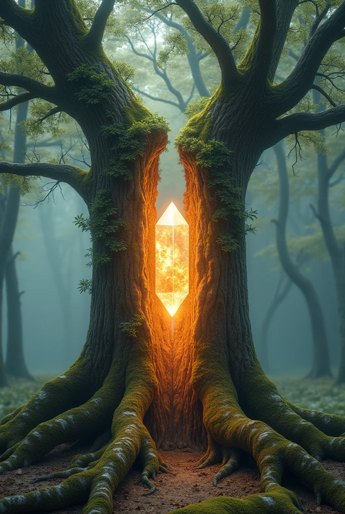 Create a tree cut in half with a crystal inside it 
