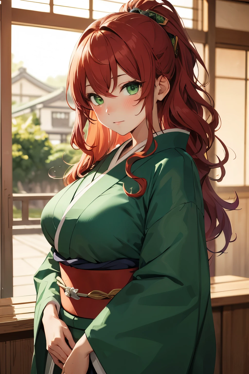 beautfull woman, wavy red hair, greeneyes, Bust Big, green kimono, shy expression, blushed, Feudal Japan, high qualiy